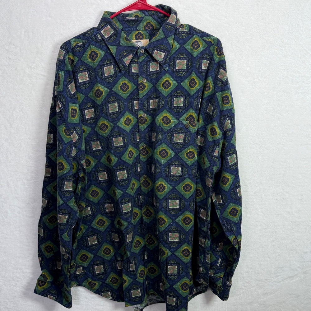 UOMO‎ Mens Silk VTG Geometric Medallion Print Flannel Type Shirt Blue Green XL